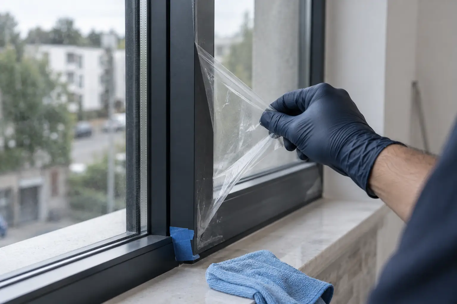 Symbolbild: Entfernen einer Schutzfolie vom Fensterrahmen